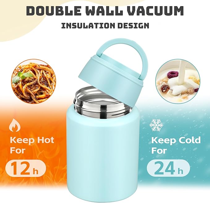 Soup Thermo for Hot Food Kids 16oz Insulated Food Jar Leakproof Thermo Lunch Container for Kids Wide-Mouth Stainless Steel Lunch Box for School with Handle Folding Spoon(3+)