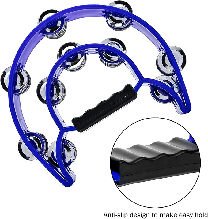 Musfunny Tambourine Double Row Metal Jingles Hand Held Percussion Tambourines Half-Moon Musical Instrument for Adults, Church, KTV, Party (Blue)