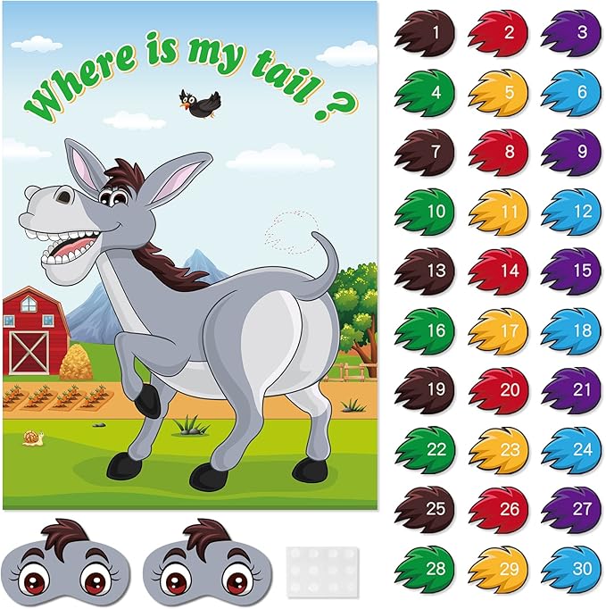 ASTARON Pin The Tail on The Donkey Game with 30 Tail Stickers for Birthday Party Carnival Circus Supplies