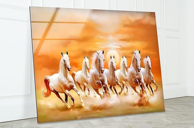 My Photostation.com 48Wx32H'' White Horses Running on Sunset Glass Wall ArtTempered Glass Printing Wall Decor Large Wall Art Wall Hangings