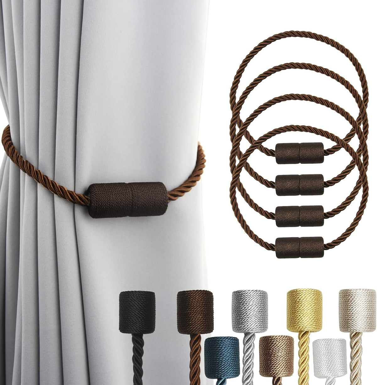 4 Pack Strong Magnetic Curtain Tiebacks Outdoor Elegant Decorative Tie Backs Modern Rope Tiebacks for Drapes Window Curtain Holdbacks for Draperies- Coffee
