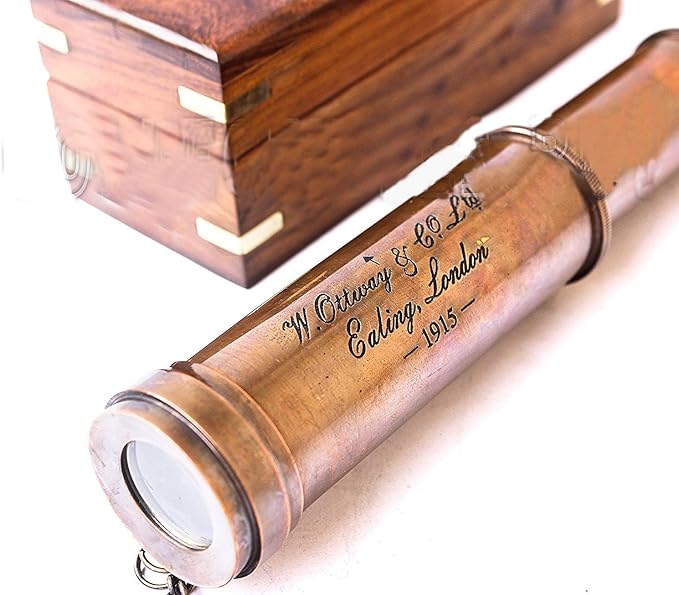 Vintage Copper Finish Telescope with Wooden Box Marine Gift London 1917