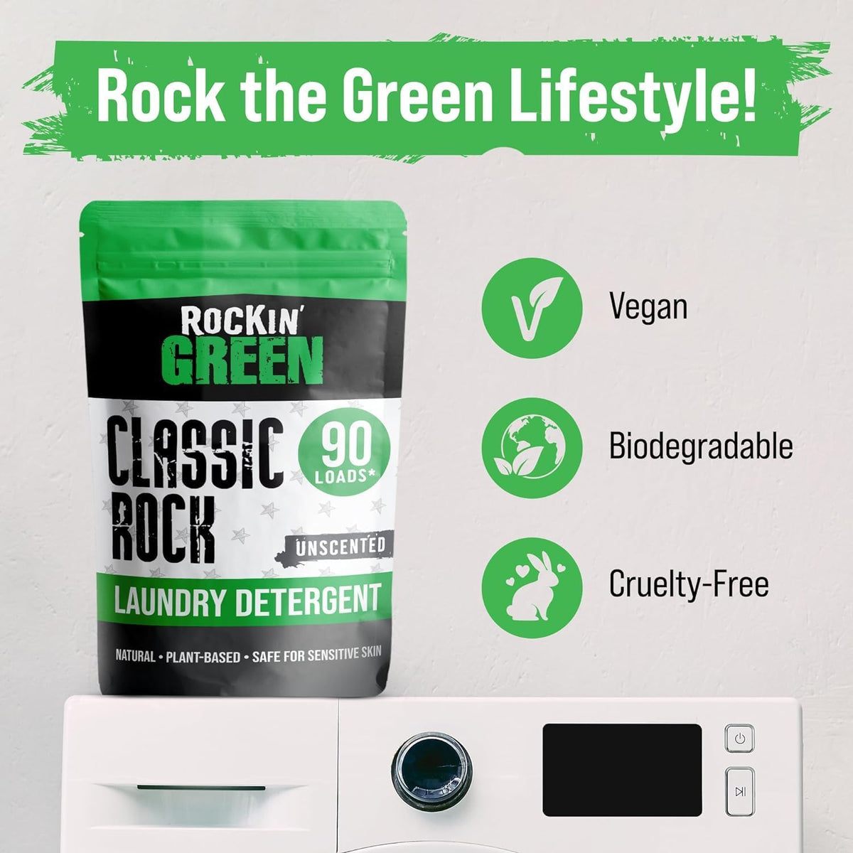 Rockin' Green Classic Rock Laundry Detergent Powder (90 Loads) - All Natural Laundry Detergent - Sensitive Skin Laundry Powder (Unscented)