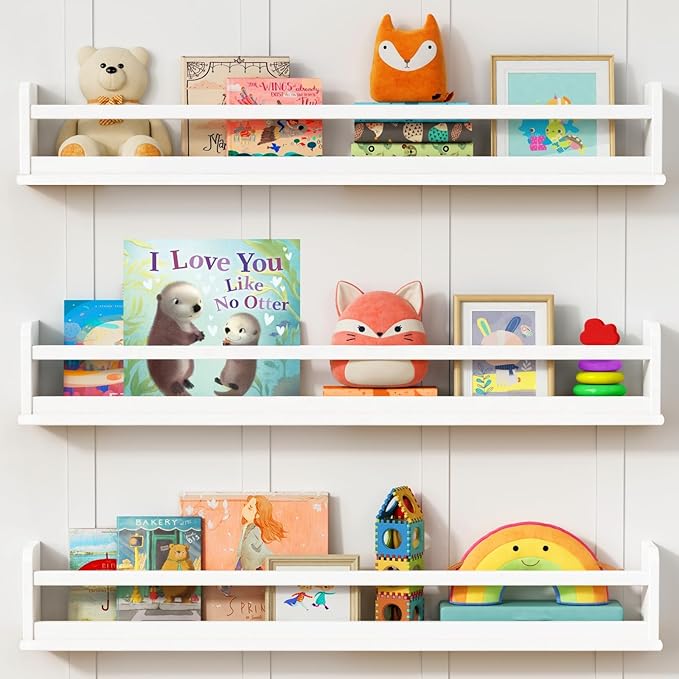Upgraded White Wall Bookshelf for Kids Room, 36 Inch Long Floating Nursery Book Shelves for Wall, Wider Hanging Bookshelves for Toddlers Childrens Clothes Kids Bedoom Playroom -Set of 3