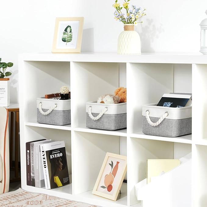 Bidtakay Small Baskets Fabric Storage Baskets for Organizing 3-Pack 12x8x5 Inch Collapsible Storage Bins for Shelves Canvas Bins for Closet Organization Home Baskets Storage Linen Closet S-White&Grey