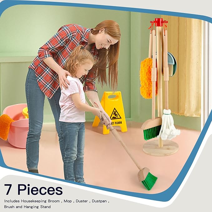Qilay Kids Cleaning Set 7 Piece Wooden Detachable Cleaning Set Includes Housekeeping Broom, Dustpan, Brush & Other Cleaning Tools, Preschool Educational Pretend Play Cleaning Tools for Toddler