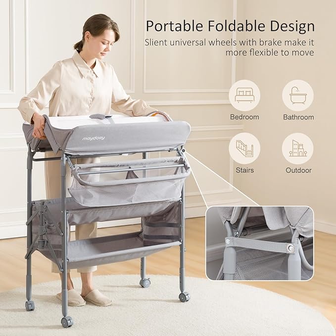 Maydolly Baby Changing Table, Portable Folding Changing Table with Wheels, Waterproof and Adjustable Height, Premium Diaper Changing Station with Two Drawers, Mobile Nursery for Newborn (Grey)