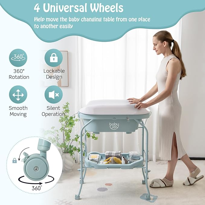 BABY JOY Baby Bathtub with Changing Table, Foldable Infant Diaper Changing Station with Storage Tray, Waterproof Pad, Portable Newborn Nursery Organizer Bath Stand with 4 Universal Wheels (Blue)