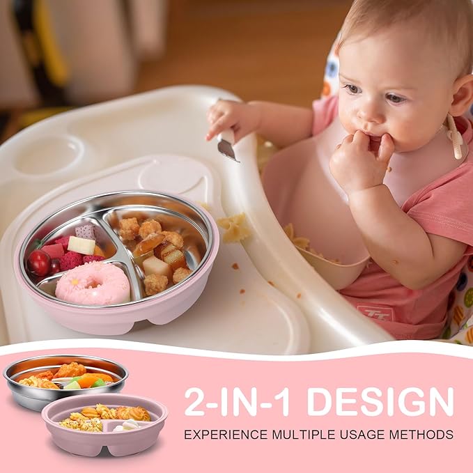 Nuogo 1 Pcs Stainless Steel Baby Suction Plates with Removable Silicone Shell 2-in-1 Metal Toddler Bowl Divided for Picky Eaters Kids Feeding Led Weaning Supplies, Dishwasher Safe (Dark Pink)