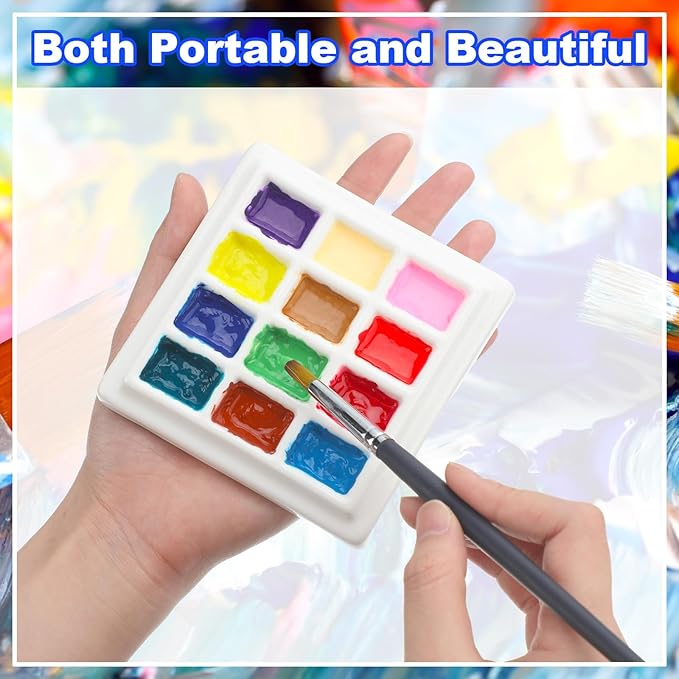 Honoson 4 Pack 12 Wells Ceramic Palette with Covers Pure White Porcelain Painting Palette for Watercolor Gouache Color Painting Mixing Tray for Artists Professionals Students Hobby Crafts