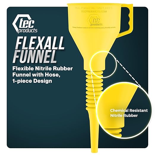TEC Products FlexAll Long Flexible Funnels - Automotive Oil Funnel with Hose, Durable Nitrile Rubber for Oil Change, Transmission Funnel Fluid, Diesel, Fuel, Gas - Made in USA - Yellow (12 x 4 Inches)