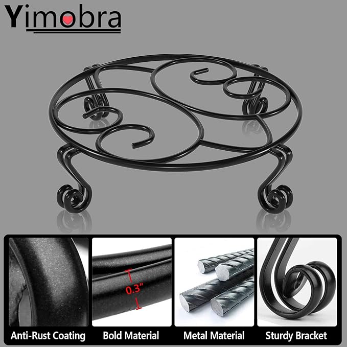Yimobra Original Patented Plant Stand for Flower Pot Heavy Duty Potted Holder Indoor Outdoor Metal Rustproof Iron Garden Container Round Supports Rack for Planter, Black, 9.4 X 2Inches