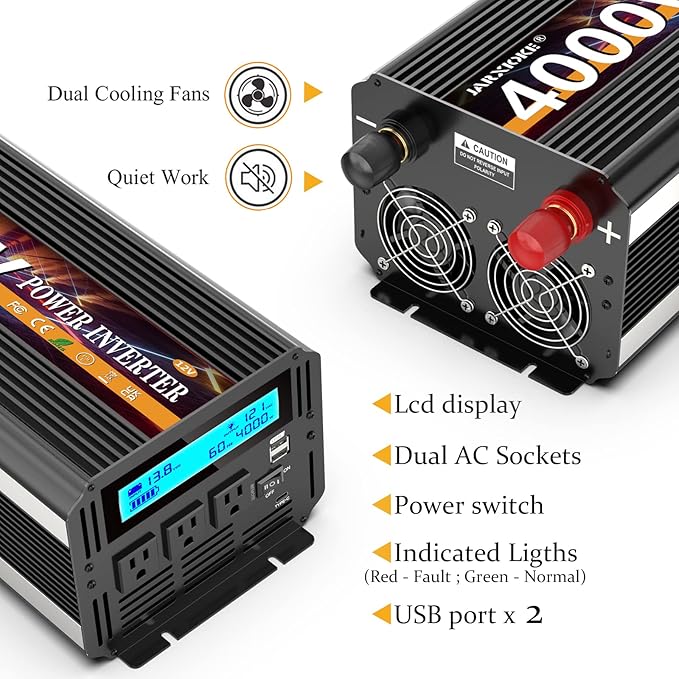 4000 Watt Power Inverter 12V DC to 110V 120V Converter for Family RV Off Grid Solar System Car with Type-C Ports 3 AC Power Outlets Dual USB Ports LCD Display Wireless Remote Control