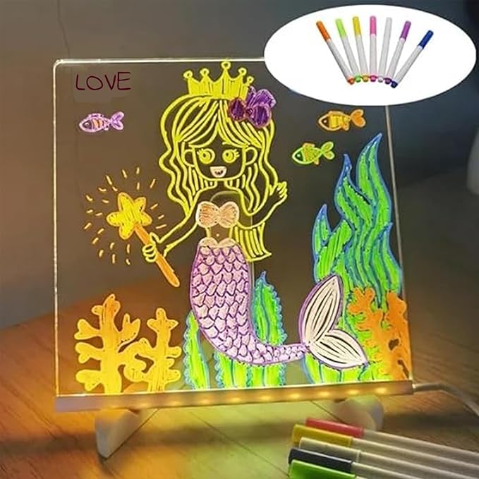 LED Note Board with Colors, Acrylic Dry Erase Board with Light,Stand as a Glow Memo Letter Board Note Glass Led White Board with 7 Pen for Office School Home (11.8 * 7.9in)