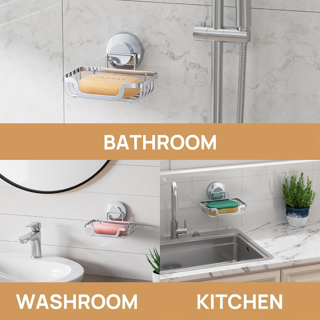 LEVERLOC Soap Dish, Soap Bar Holder for Shower Suction Cup Wall Mounted, Stainless Steel No-Drilling Removable Waterproof Sponge Holder for Bathroom Bathtub Kitchen Sink, Keep Dry, Silver