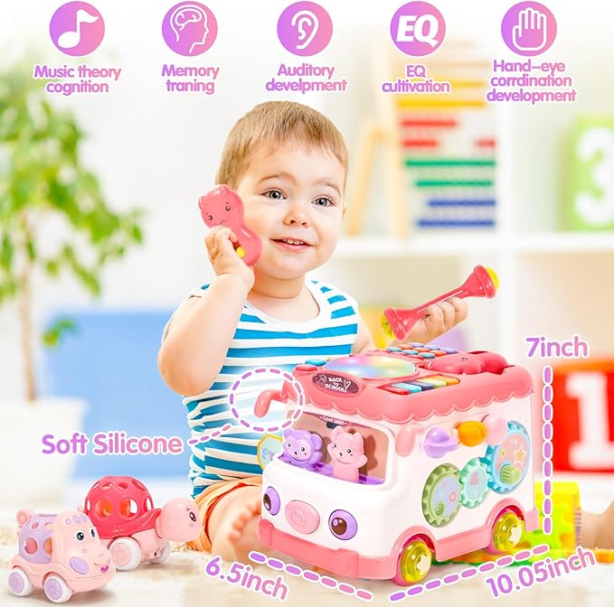 Baby Gift for 1-2 Year Old Girl, 10-in-1 Montessori Toys Bus for Baby 6-12-18 Months+, Educational Musical Sensory Learning Toddler Toys Age 1-2, First Christmas and Birthday Gifts Pink