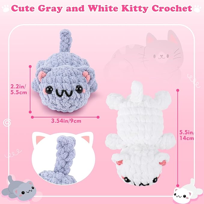 Crochet Kit for Beginners - 2PCS Kitty Crochet Kit with Step-by-Step Video Tutorials, Crochet Starter Kit for Adults and Kids, Learn to Crochet Cat, Beginner Crocheting Kit Easy Peasy Yarn