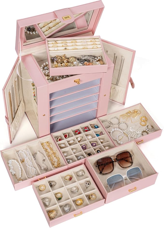 AKOZLIN 6-Tier Jewelry Box Organizer Functional Leather Jewelry Storage Case for Women Girls Ring Necklace Earring Bracelet Holder Organizer with Mirror