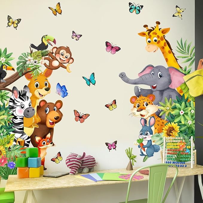 Jungle Animal Wall Decals, Cartoon Animal Sticker Safari Elephant Lion Monkey Wall Decals for Baby Room Playroom Bedroom Classroom Kindergarten Decor
