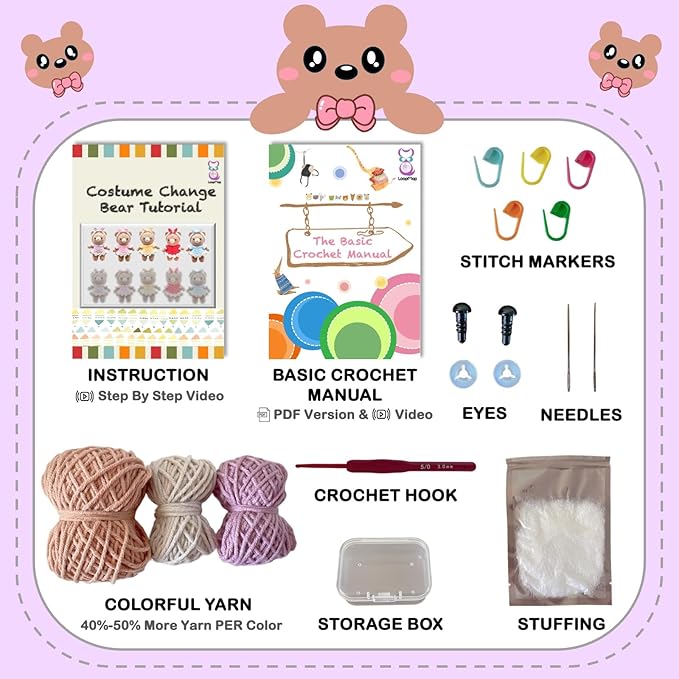 LoopMap Crochet Kit for Beginners - DIY Amigurumi Bear with Removable Dress & Accessories - Step-by-Step Video Tutorials, Extra Yarn, Crochet Tools, Handmade Gift for Kids & Adults (Bear K01, Purple)
