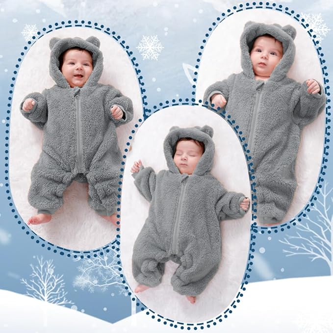 Newborn Baby Bear Outfit Suit Girls Boys Fleece Jumpsuit Romper Hooded Winter Snowsuit Clothes