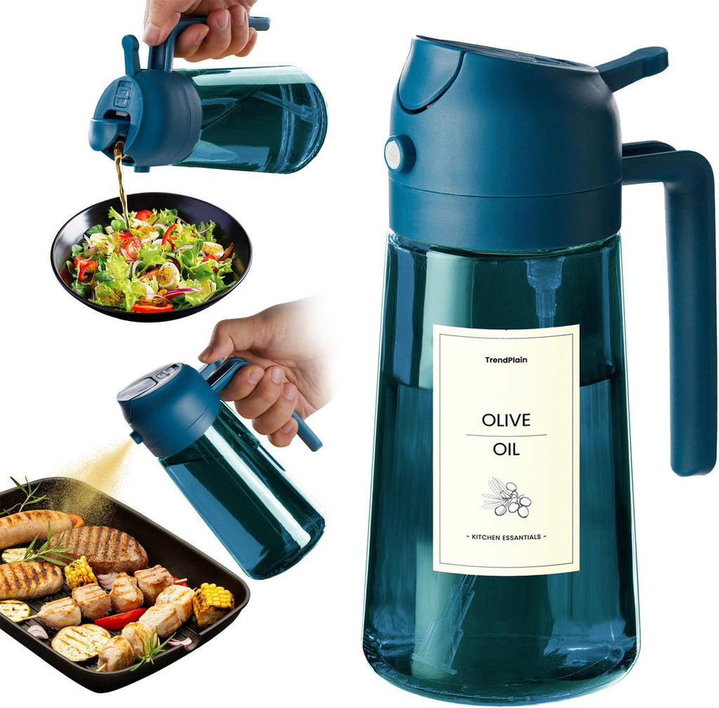 TrendPlain 16oz/470ml Blue Glass Olive Oil Sprayer for Cooking - 2 in 1 Olive Oil Dispenser for Kitchen Gadgets, Air Fryer, Salad, and BBQ - Navy