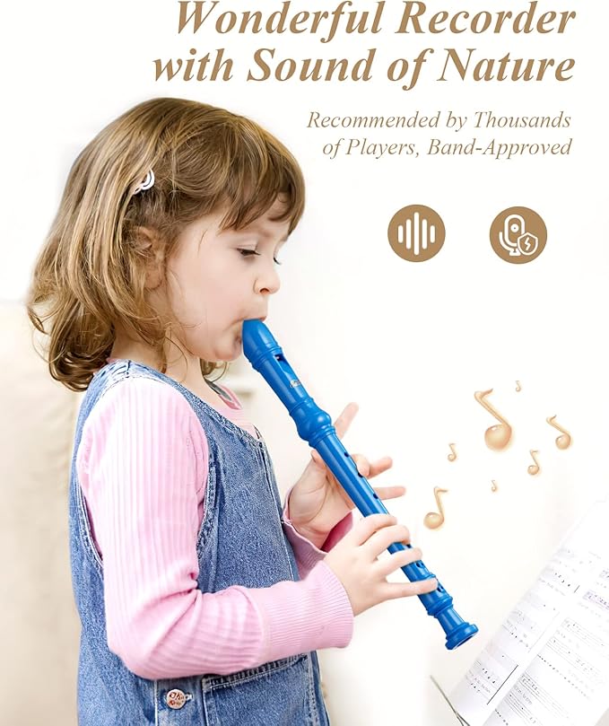 Eastar Soprano Recorder Instrument for Kids Beginners, German Fingering C Key with Cleaning Kit, Thumb Rest, Cotton Bag, Fingering Chart, ERS-21GB, Blue, School-Approved