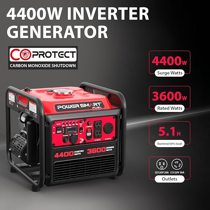 4400-Watt Portable Inverter Generator, PowerSmart Gas Powered, CO-Sensor, Lightweight & Quiet for Home Use and Emergency Backup, Camping, EPA Compliant