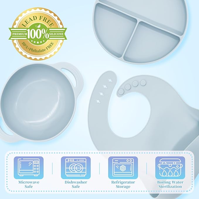 Silicone Baby Feeding Set 10 Pcs, Baby Led Weaning Supplies, Baby Feeding Supplies Set BPA Free, Baby Essentials for Newborn Gift Blue