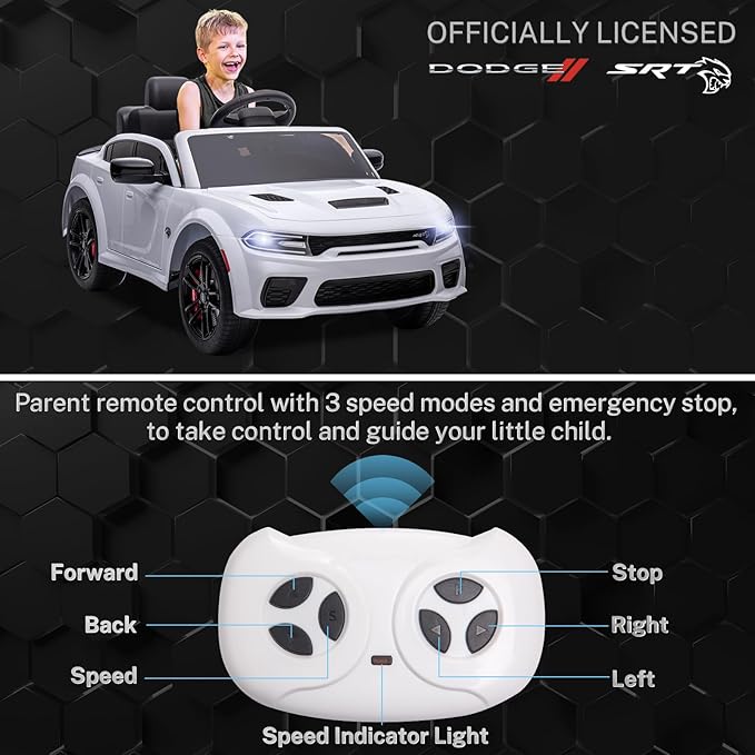 12V 7Ah Kids Electric Ride on Car, Licensed Dodge Charger SRT Hellcat, Battery Powered 4-Wheels Toy Car Electric Vehicle for Kids with Remote Control, 3 Speeds, LED Lights, Music (White)