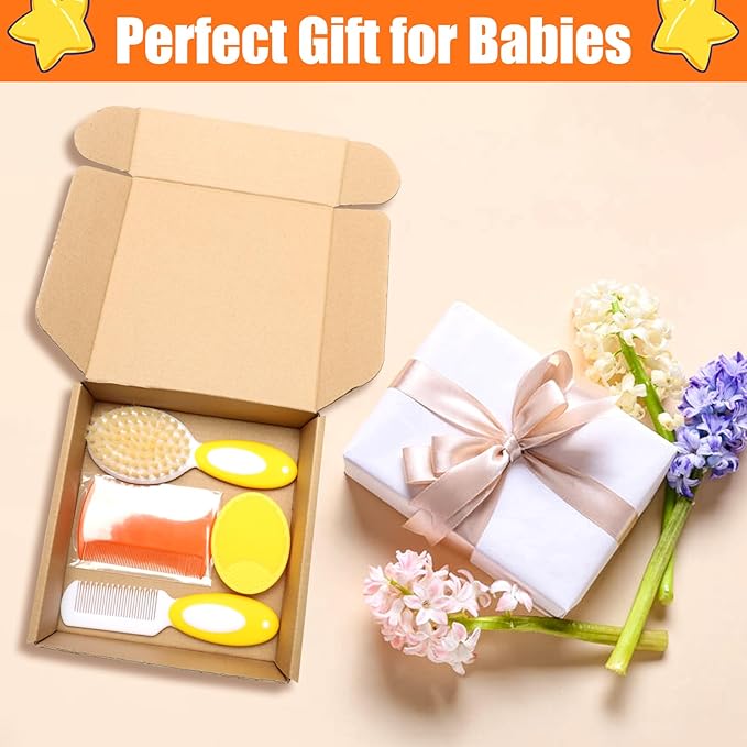 Baby Hair Brush and Comb Set, 4Pcs Baby Soft Bristles hairbrush Cradle Cap Brush Hair Comb for Newborns Toddlers Boys Girls (Yellow)