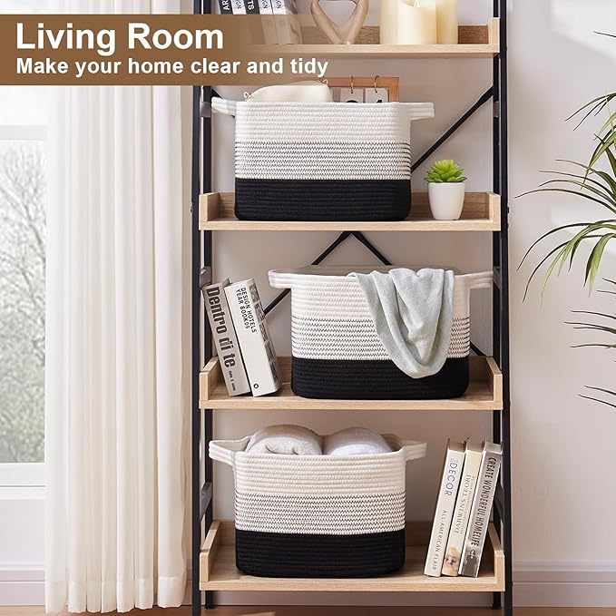 Storage Basket for Organizing, Woven Baskets for Storage, Rectangle Decorative Baskets for Shleves, Closet, Toys, Books, Nursery Organizer Bins - Pack of 3 (Gradient Black)