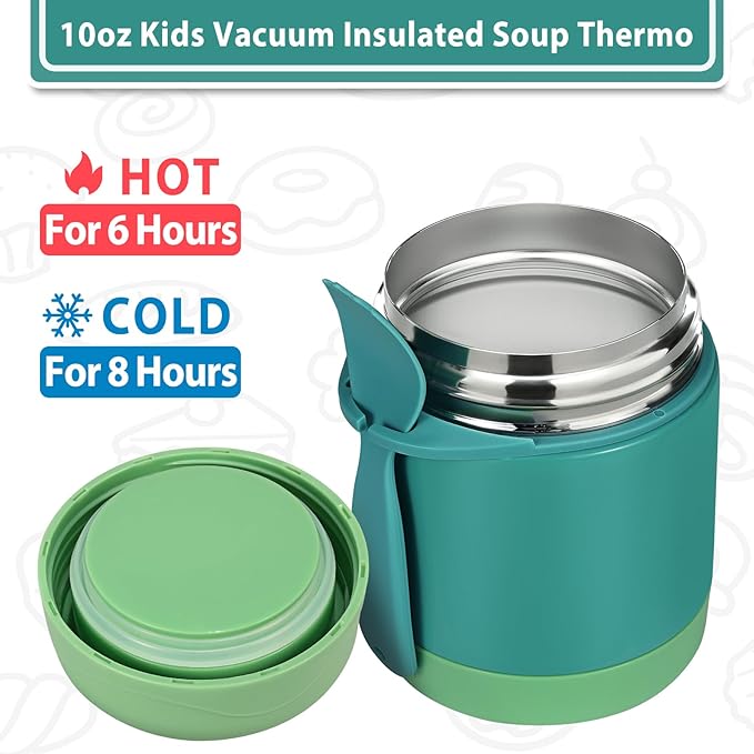 10oz Soup Thermo for Hot Food Kids,Lunch Thermo Kids Food Jar with Spoon Hot Insulated Food Containers,Leak Proof Stainless Steel Wide Mouth Lunch Food Thermo Jar for School(Green)