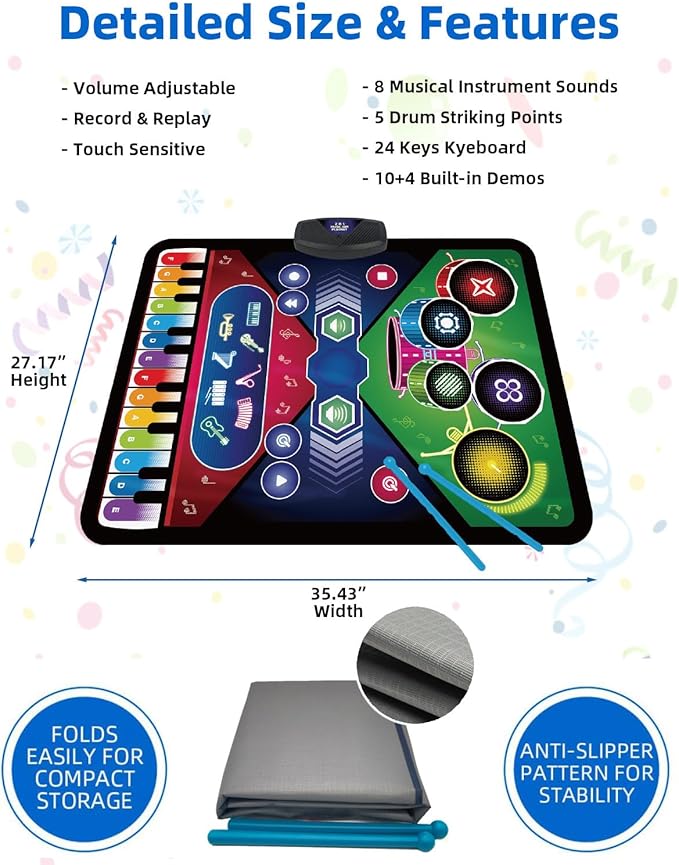 SUNLIN 2-in-1 Music Jam Mat, Music Learning Toy for Boys Girls 3-6, Drum Set + Piano Mat, Toddler Birthday Gift 3 4 5 6 Years, Record & Playback, Built-in Songs, 8 Instrument Sounds, Volume Control
