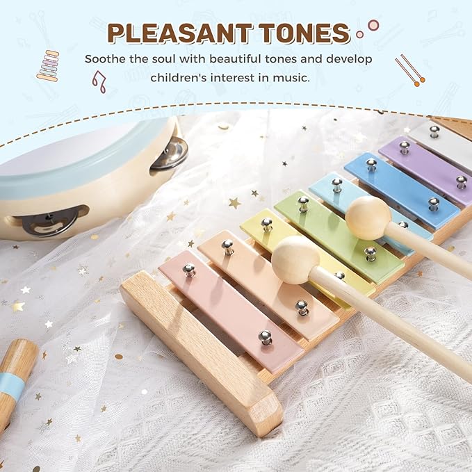Musical Instruments for Toddlers,POGOLAB Montessori Toys,Educational Wooden Percussion Toys,Gifts for 3 Years Old Boys and Girls, Xylophone,Cymbal,Tambourine,Maraca,Hand Bells,Chime bar