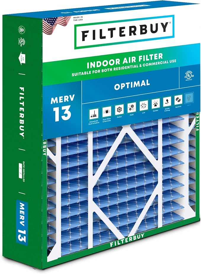 Filterbuy 21x21x5 Air Filter MERV 13 Optimal Smoke & Allergy Defense (1-Pack), Electrostatic Pleated HVAC AC Furnace Filters Replacement for Rheem, Ruud, & Protech (Actual Size: 20.63 x 20.63 x 4.38)