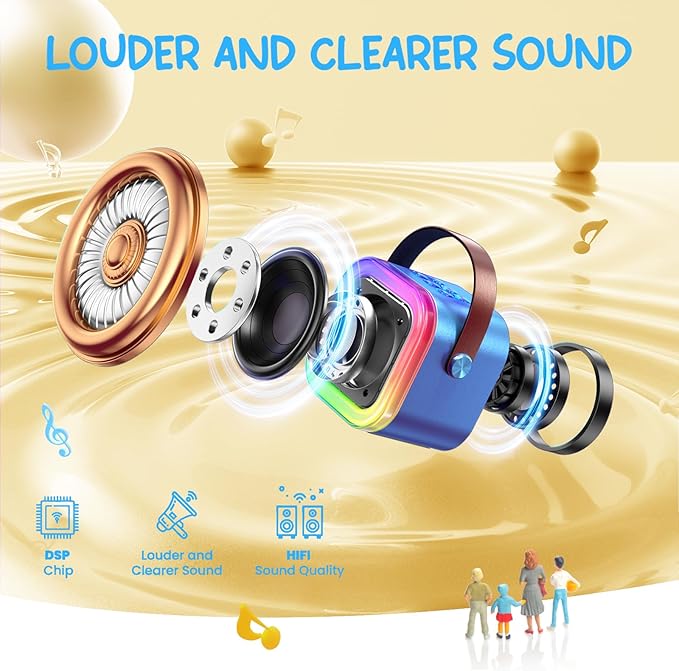 Kinglucky Mini Karaoke Machine for Kids, 2025 TOP Birthday Gifts Ideas for 3-12 Year Old Girls, Christmas Party Gifts Kids' Personal Video Players Accessories with 2 Wireless Microphones - Gold Blue