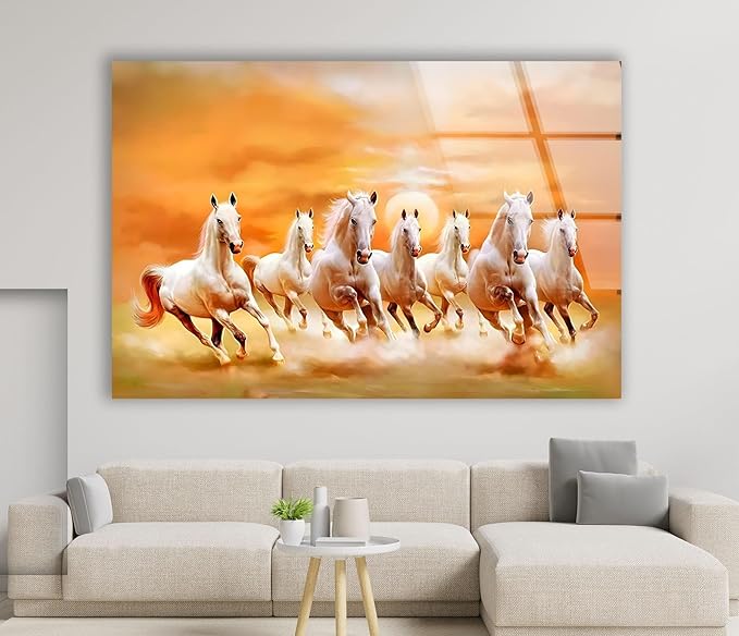 My Photostation.com 28Wx18H'' White Horses Running on Sunset Glass Wall ArtTempered Glass Printing Wall Decor Large Wall Art Wall Hangings