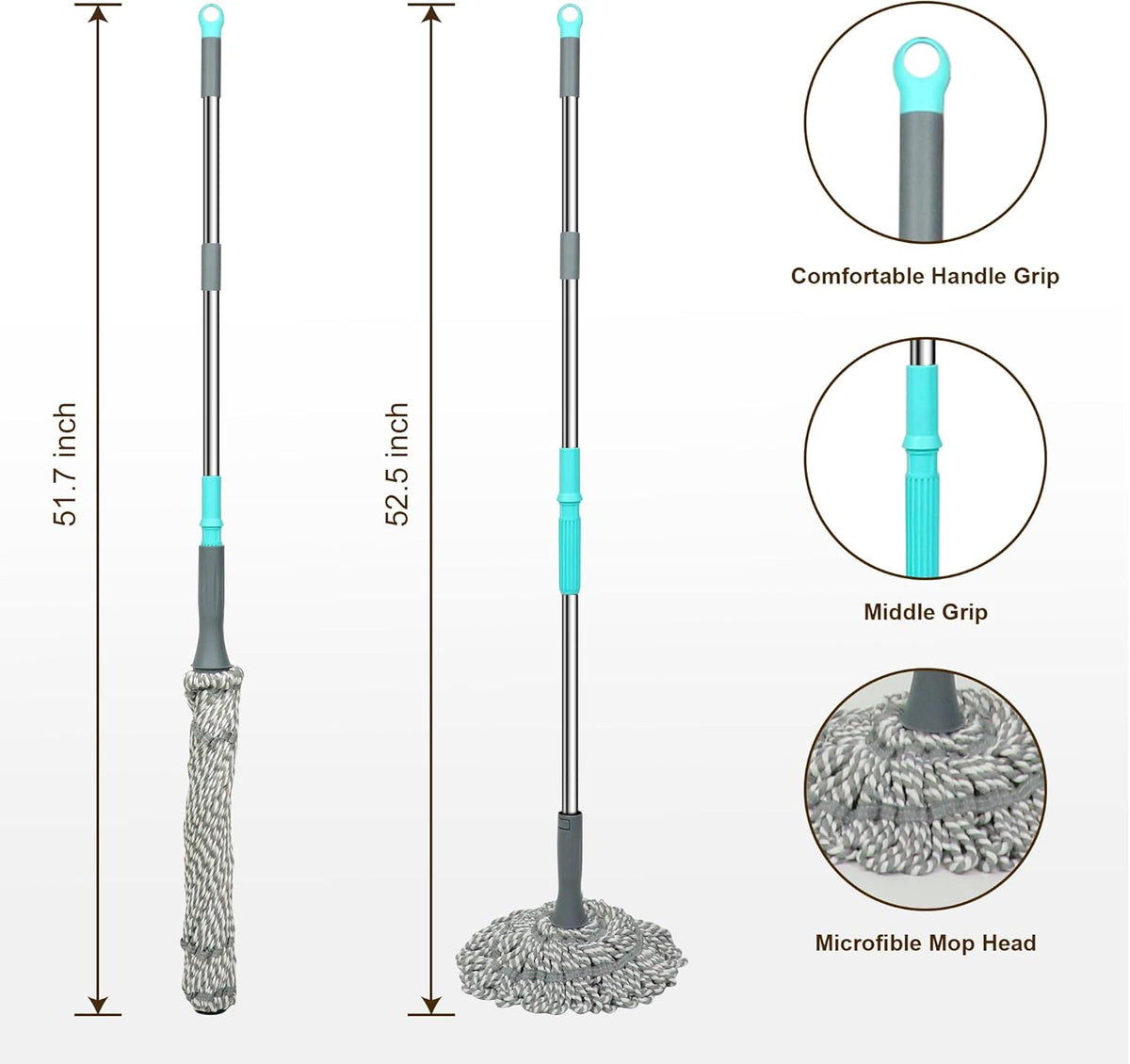Self Wringing Mop - Easy Squeeze Twist Mop with 52.5 Inch Long Handle, Heavy Duty for Hardwood, Tile, Vinyl & Laminate Floors (Gray)