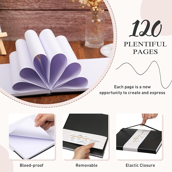 Moinchore Back to School Gifts Square Sketchbook 8 x 8 Inch Hardcover Art Sketch Book Drawing Papers 120 Pages, Mixed Media Journal Notebook with Elastic Closure Sketchbook for Drawing(Black)