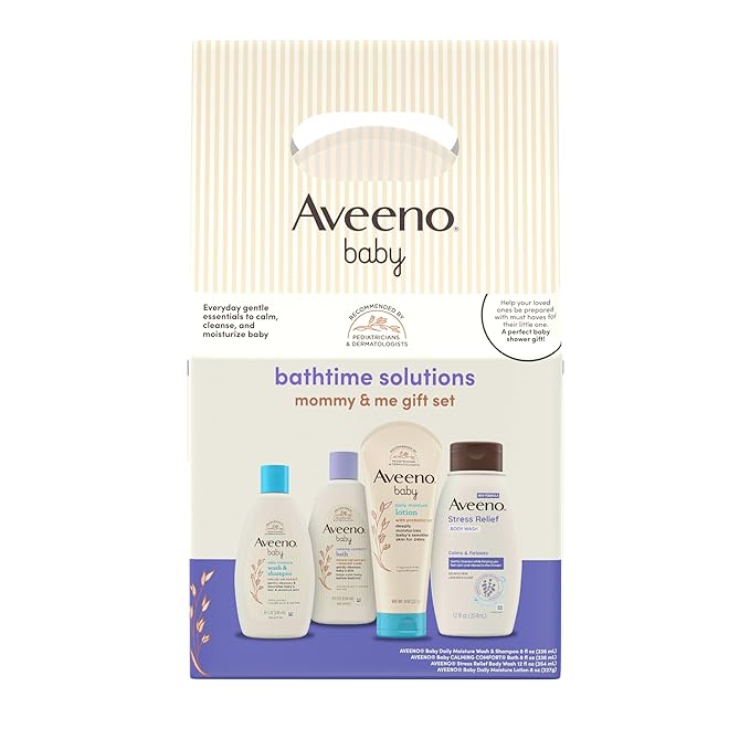Aveeno Baby Bathtime Solutions Mommy & Me Gift Set, Baby Wash & Shampoo, Calming Bath, Daily Moisturizing Lotion & Stress Relief Body Wash for Mom, Nourishing Oat, Registry Must Haves, 4 items