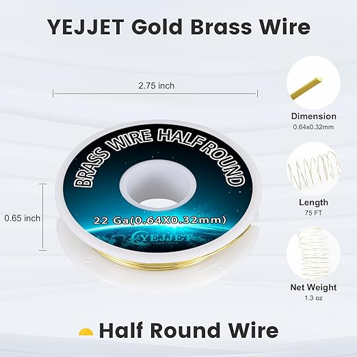 Delicate 22 Gauge Brass Wire Half Round 0.64x0.32mm - 1.3 oz 75 Feet for Beading, Filigree, Miniature Crafts