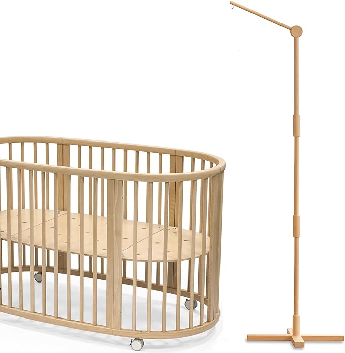 Crib Mobile Arm Wooden Floorstanding - 61 Inches Mobile Arm for Crib|Movable Baby Mobile Hanger|Strong Anti-Dumping Attachment|100% Natural EU Beech Wood|Thicker Wooden Pole|Boho Nursery Decor