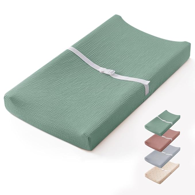 Blissful Diary Muslin Baby Changing Pad with Waterproof Lining Foam, Diaper Changing Table Pad with Cover for Dressers (Roman Green, Rectangular)