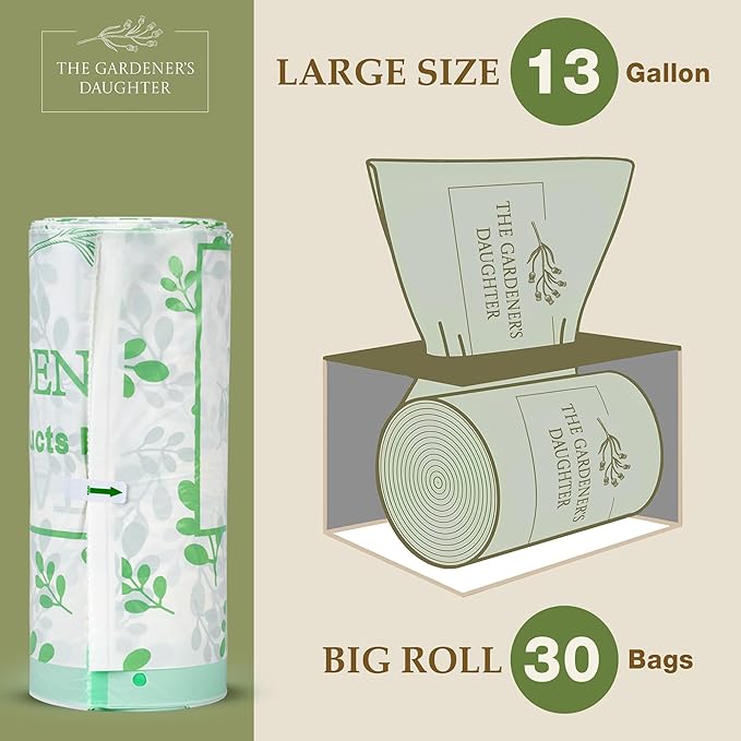 Limited Edition Fall Maple Leaf – Compostable Trash Bags by The Gardener's Daughter, 13 Gallon, 30 Count, White, Extra Strength, Drawstring Kitchen Waste Bag – BPI & TUV Certified