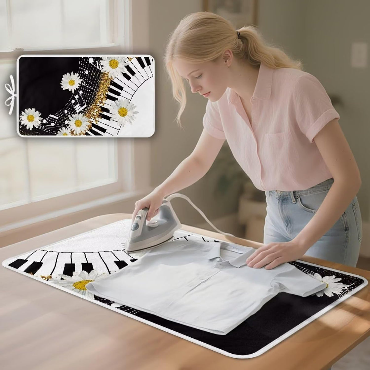 Music Ironing Pad Ironing Blanket Thick Travel Iron Pad Heat Resistant Ironing Board Cover for Table Top, Washer, Dryer,32 x 16 Inch Ironing Mats,Black Piano Daisy