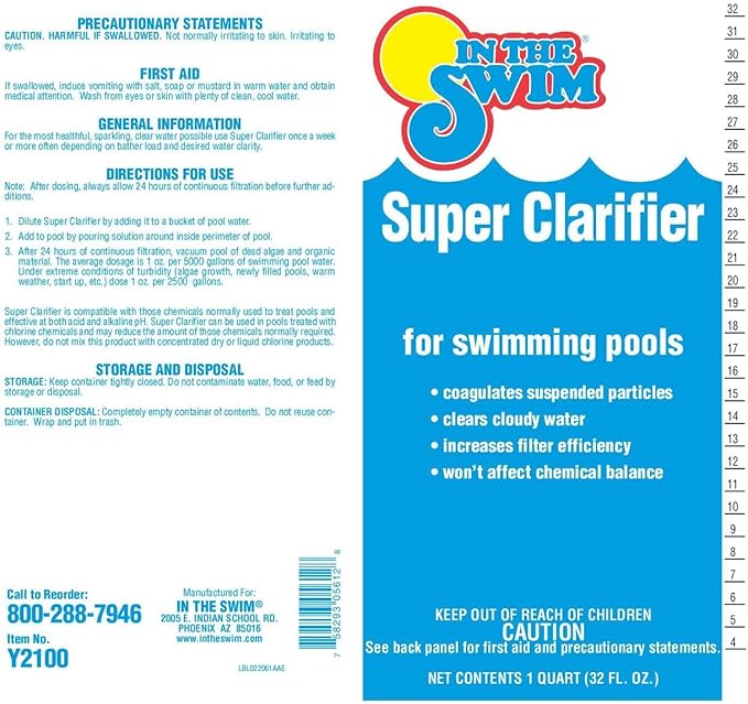In The Swim Super Clarifier – Fast-Acting, Highly Concentrated Pool Water Clarifier for Crystal Clear Water & Improved Filter Efficiency – for Sand & Cartridge Filters - 1 Quart