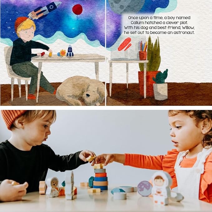 Toddler 30 Piece Stacking Wood Blocks Space Gift - Montessori 2 Year Old Fine Motor Skills Toy Learning Stacking Shape Sorter Sensory Preschool Busy Journey to the Moon (Book and Block Set, Wood)