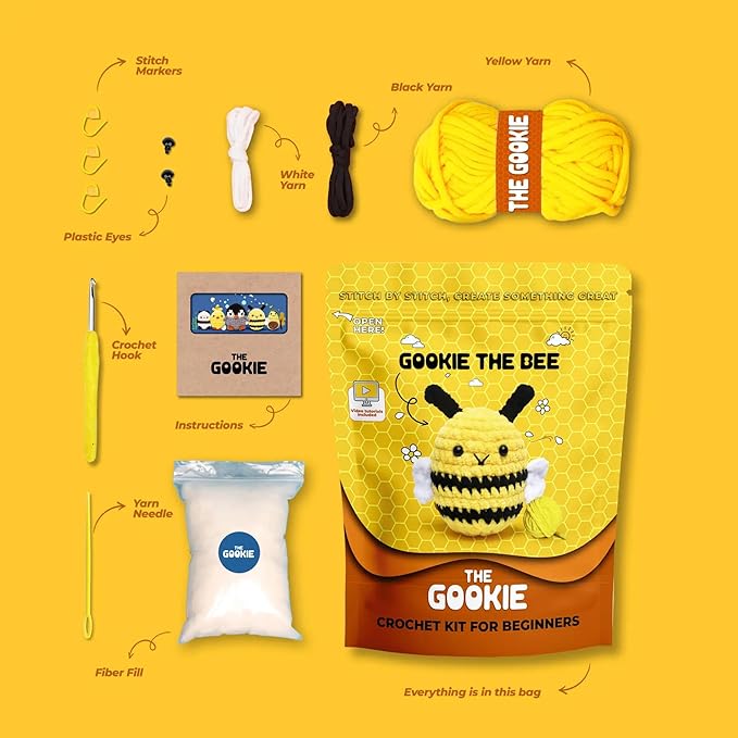 THE GOOKIE Amigurumi Crochet Kit for Beginners – DIY Crochet Kit with Yarn, Hook, Eyes & Stuffing – Easy Starter Set with Video Tutorials – Cute Plush Toy Craft Gift for Kids, Teens & Adults (Bee)