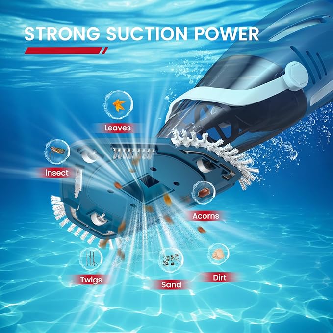 Enhulk Pool Vacuum for Above Ground Pool, 2025 Upgraded Pool Vacuum with A Telescopic Pole, 18.5 Gal/Min Powerful Suction, 80Mins Runtime, Effortlessly Cleans Debris Underwater (Blue)